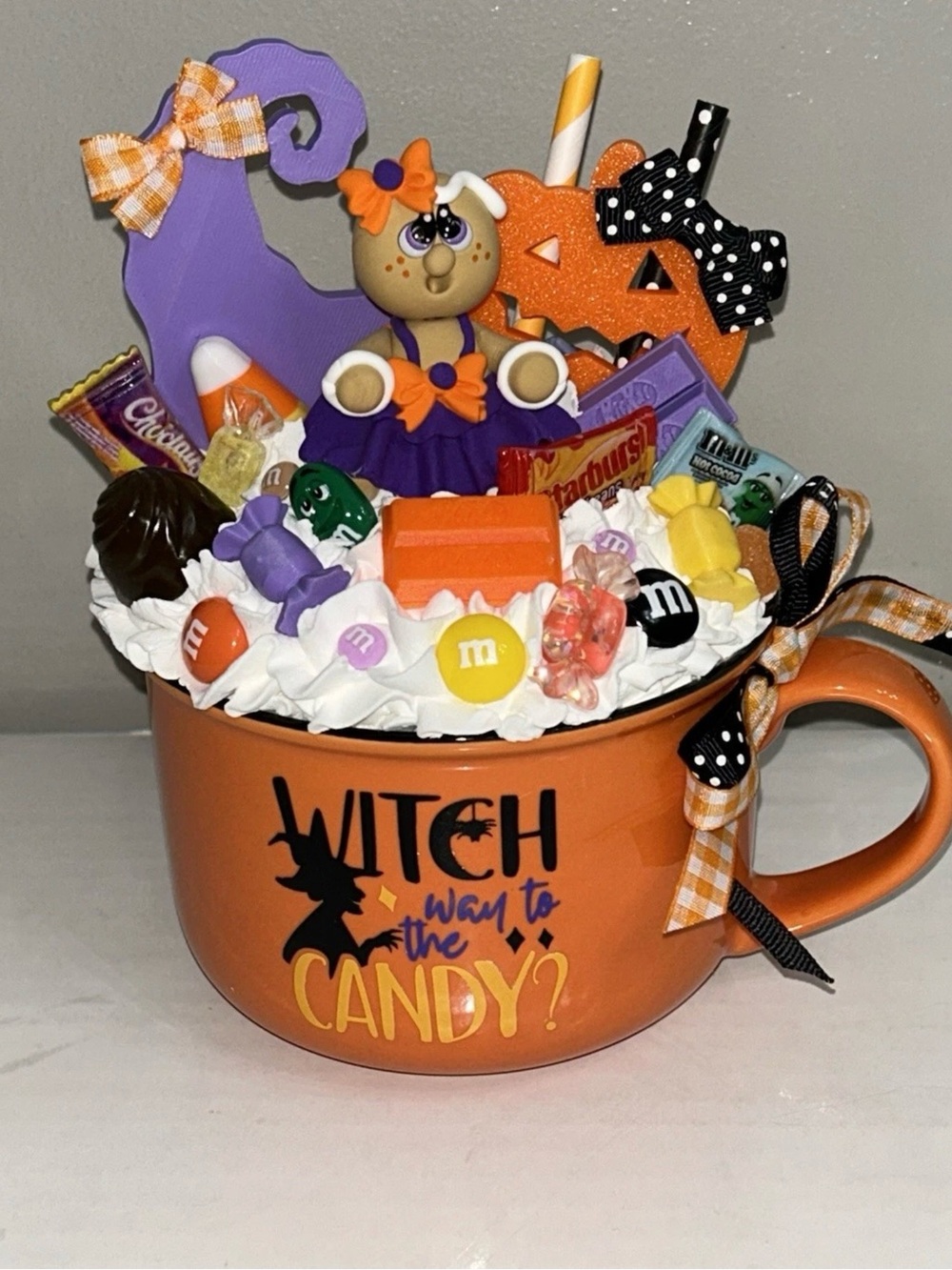 Orange Halloween Witch Way To The Candy Fake Whip Cream Mug Display Handmade
